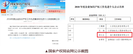 喜訊丨揚力集團總工程師仲太生榮獲“2018年度企業知識產權工作先進個人”榮譽稱號！